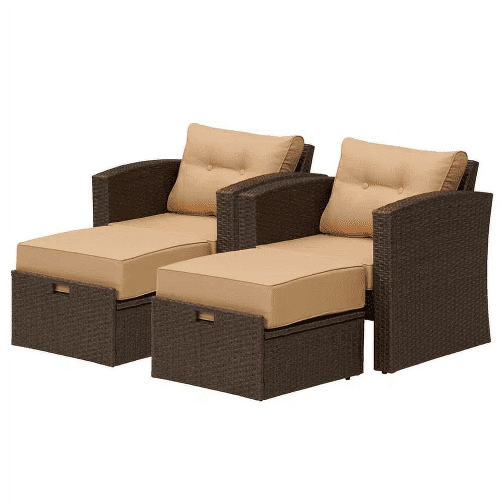 SUNVIVI OOTDOOR 4 Pieces Wicker Furniture Single Chair with Ottoman,All-Weather Brown Rattan Outdoor ArmChair Sofa Set with Beige Non-slip Cushions,Aluminum Frame