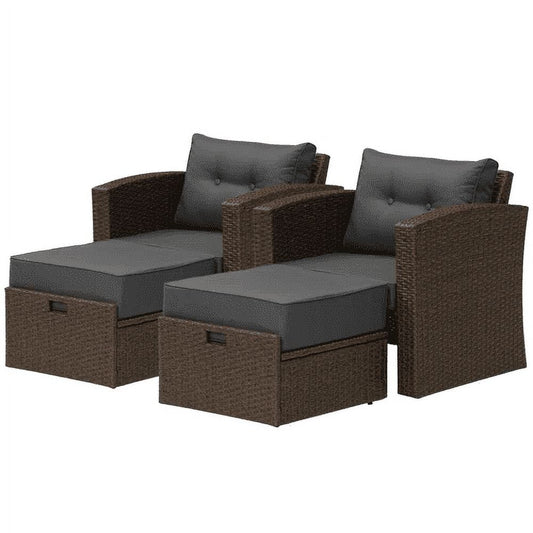 sunvivicollection 4 Pieces Wicker Furniture Single Chair with Ottoman,All-Weather Brown Rattan Outdoor ArmChair Sofa Set with Dark Grey Non-slip Cushions,Aluminum Frame