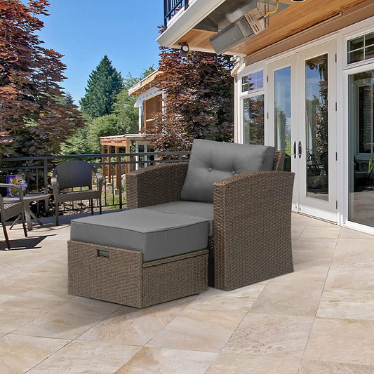 sunvivicollection Patio Wicker Armchair with Ottoman, 2 Pieces PE Wicker Outdoor Conversation Set Outdoor Sectional Sofa for Garden, Beach, Balcony and Poolside, Aluminum Frame