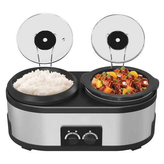 Superjoe 2 in 1 Double Slow Cooker, Combo Rice Cooker and 1.5 Quart Slow Cooker with 3 Cooking Settings, 3- Cup Non-Stick Aluminum Pot, Glass Lid, Stainless Steel