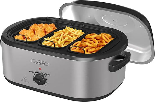Superjoe Electric Roaster Oven, 24 QT Roaster with 3 Compartments and Self-Basting Lid, Turkey Roaster Oven with 150-450°F Full-Range Temperature Control, Removable Pan , Stainless Steel, Silver