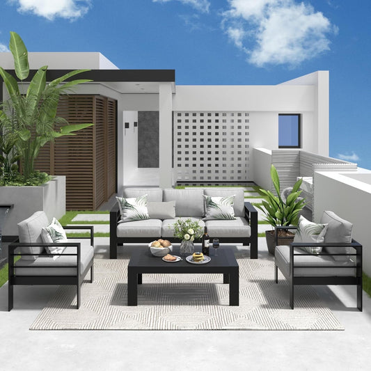 Superjoe 4 Pcs Aluminum Outdoor Furniture Set 5 Seats Patio Conversation Sofa Set Sectional Counch with Coffee Table Black Frame Light Gray Cushion