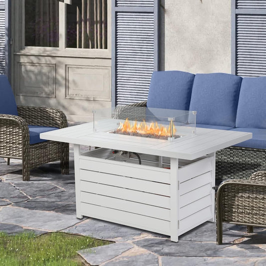 Superjoe 54.3" Patio Aluminum Fire Pit Table, 50000 BTU CSA Certified Propane Gas Outdoor Fire Table, Rectangular Fire Table w/Stainless Burner, Lava Rock, Waterproof Cover, White