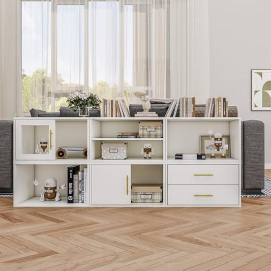 Superjoe 6 Pieces Cube Storage Organizer, Stackable 24" Small Open Bookcase with Drawers, Adjustable Shelf and Sliding Door, White Wood Cubby Storage Shelves for Small Space, Living Room, Bedroom