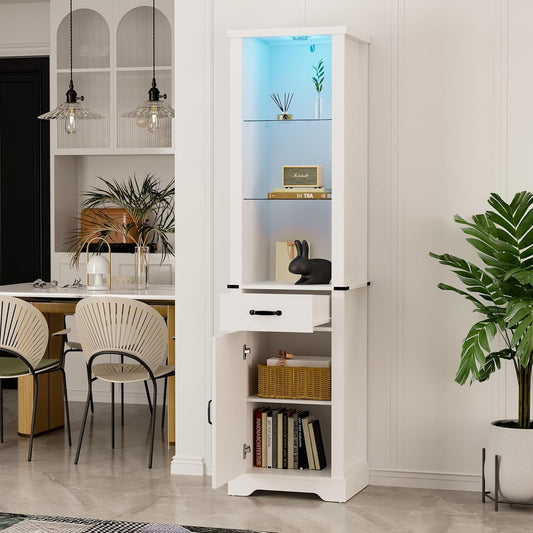 Superjoe 75'' Tall Storage Cabinet with LED Light, Farmhouse Pantry Cabinet with Tempered Glass Adjustable Shelves & Barn Door, Freestanding Linen Tower for Bathroom, Living Room, Kitchen, White