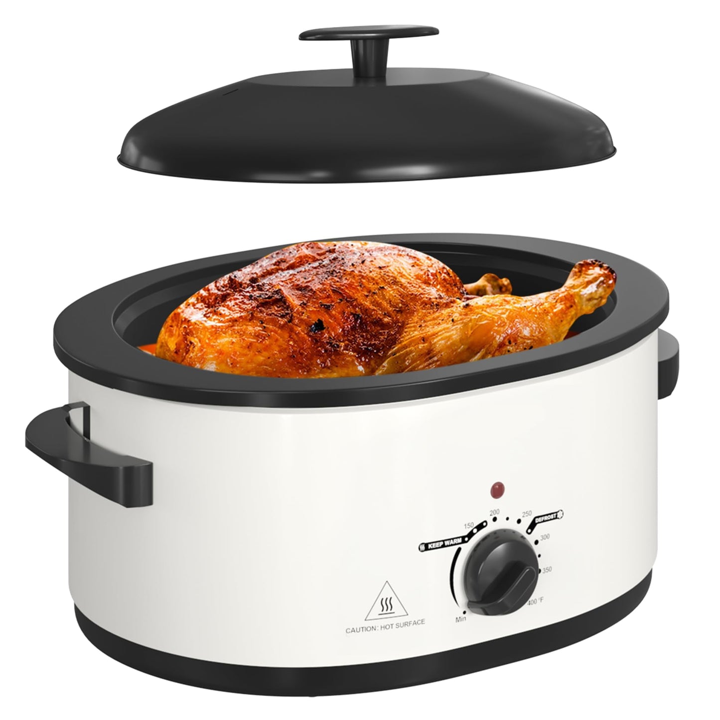 Superjoe 8 QT Electric Roaster Oven with Self-Basting Lid, Turkey Roaster Oven with Defrost Warm Function, Removable Pan and Rack, Stainless Steel White
