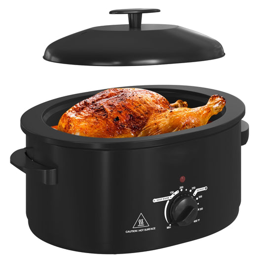 Superjoe 8 QT Electric Roaster Oven with Self-Basting Lid, Turkey Roaster Oven with Defrost Warm Function, Removable Pan and Rack, Stainless Steel Black