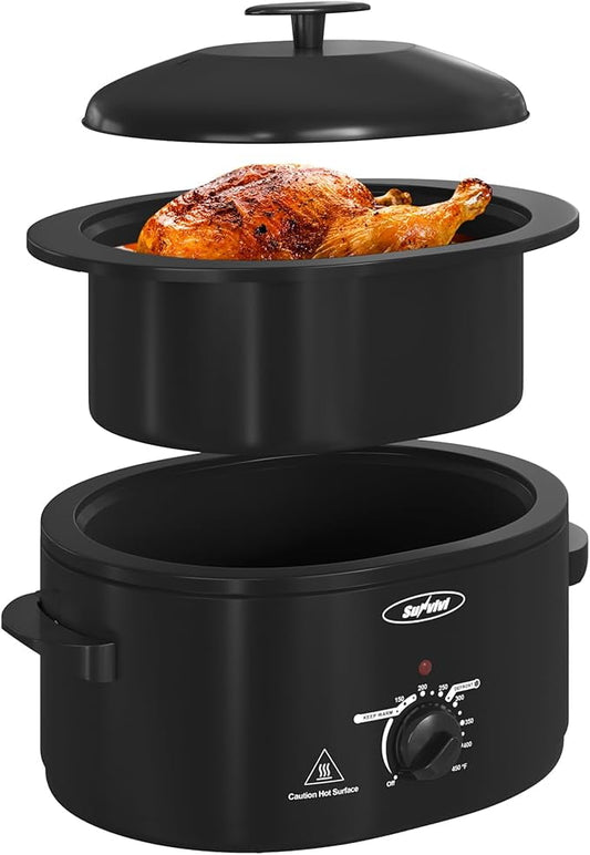 Superjoe 8-Quart Roaster Oven with Self-Basting Lid, Electric Turkey Roaster Oven with Removable Pan and Rack, Stainless Steel, Black