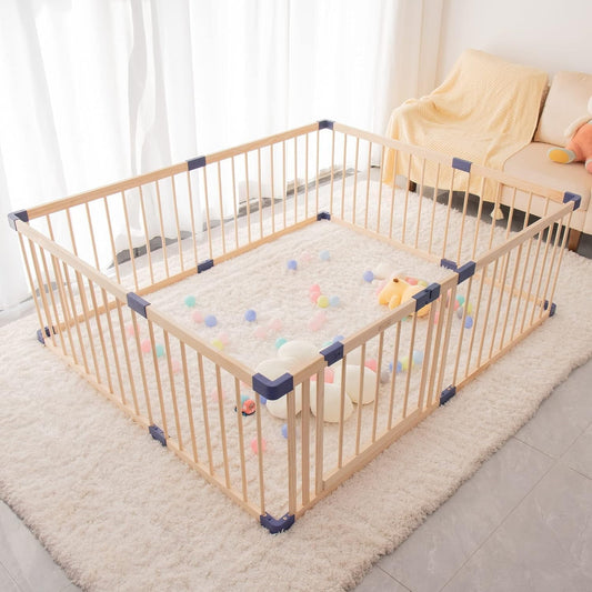 Superjoe Baby Playpen Kids Fence with Safety Gate, Activity Play Center, Safety and Anti-Drop Function, Safety Play Yard Indoor Outdoor Pure Wooden Baby Playpen (71"*63"*24")