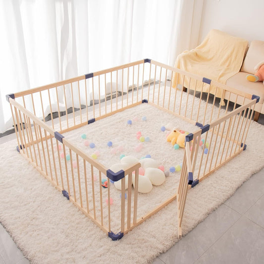 Superjoe Baby Playpen Kids Fence with Safety Gate, Activity Play Center, Safety and Anti-Drop Function, Safety Play Yard Indoor Outdoor Pure Wooden Baby Playpen (79"*59"*24")