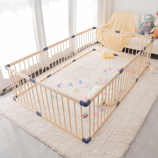 Superjoe Baby Playpen Kids Fence with Safety Gate, Activity Play Center, Safety and Anti-Drop Function, Safety Play Yard Indoor Outdoor Pure Wooden Baby Playpen (94.5"*55"*24")