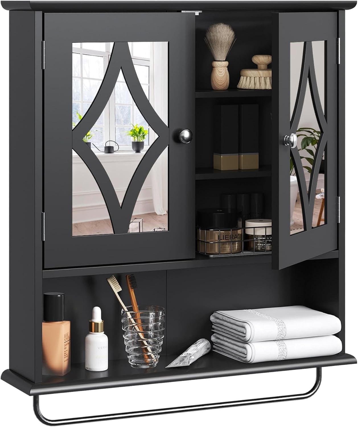 Superjoe Bathroom Medicine Cabinet with Mirror, Vanity Wall Mounted Storage Cabinet with Adjustable Shelves and Towel Bar, Hanging Wall Cabinet for Bathroom, Laundry, Living Room, Black