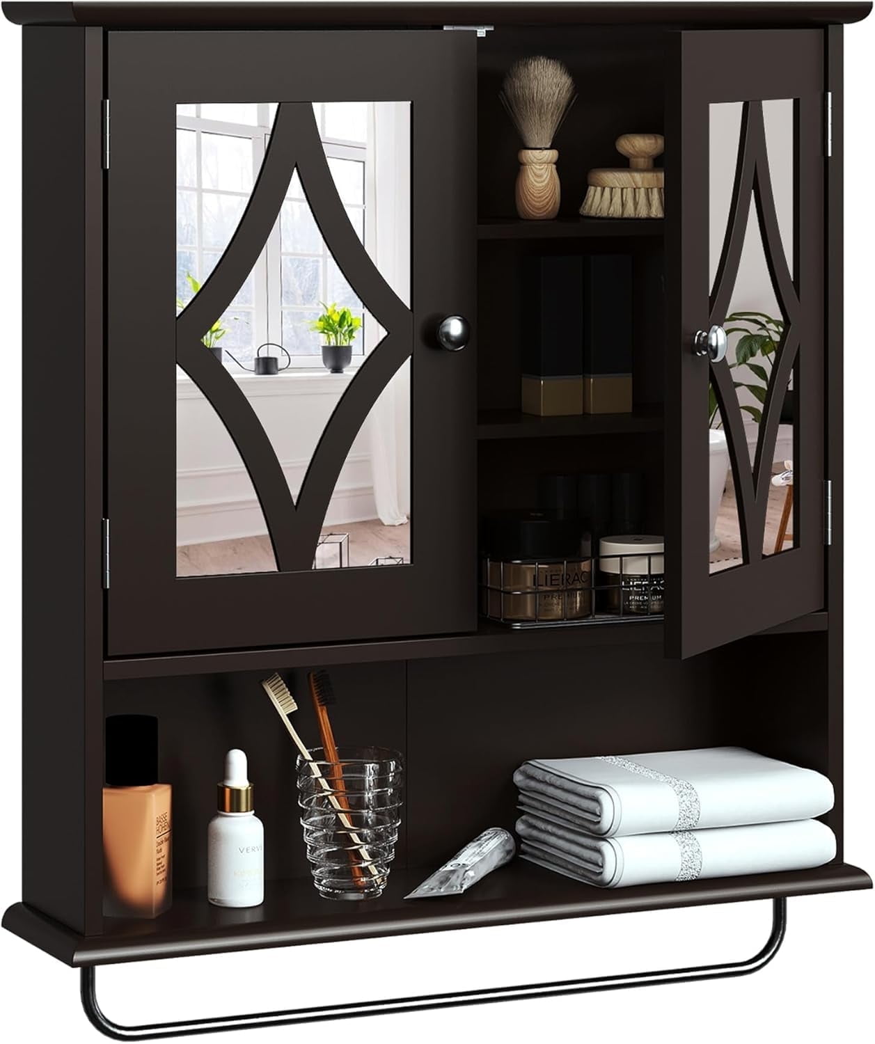 Superjoe Bathroom Medicine Cabinet with Mirror, Vanity Wall Mounted Storage Cabinet with Adjustable Shelves and Towel Bar, Hanging Wall Cabinet for Bathroom, Laundry, Living Room, Brown