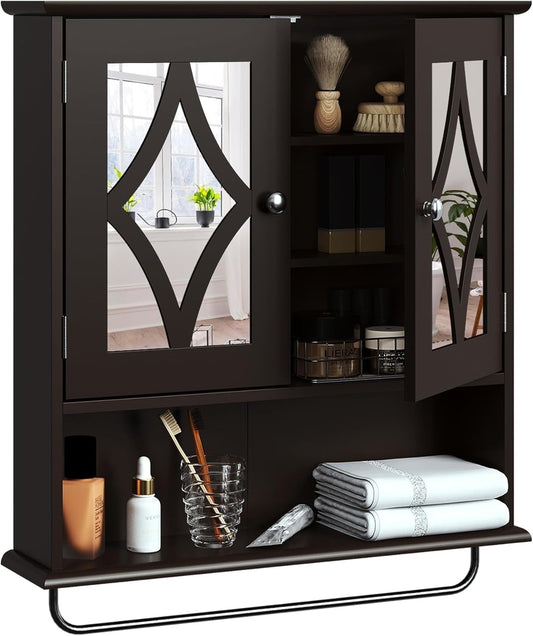 Superjoe Bathroom Medicine Cabinet with Mirror, Vanity Wall Mounted Storage Cabinet with Adjustable Shelves and Towel Bar, Hanging Wall Cabinet for Bathroom, Laundry, Living Room, Brown