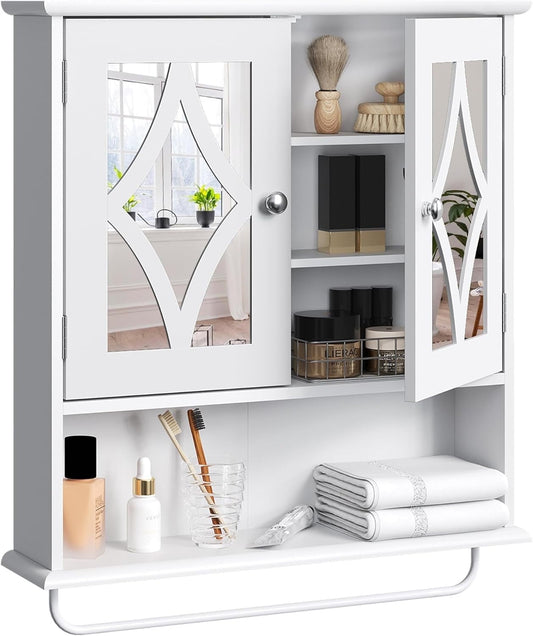Superjoe Bathroom Medicine Cabinet with Mirror, Vanity Wall Mounted Storage Cabinet with Adjustable Shelves and Towel Bar, Hanging Wall Cabinet for Bathroom, Laundry, Living Room, White