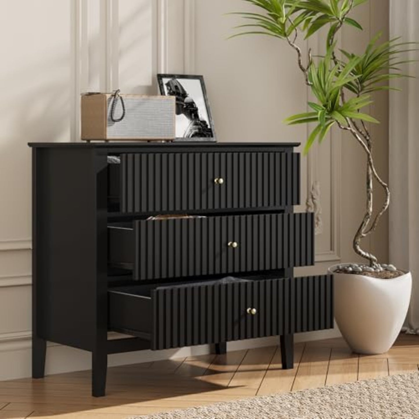 Superjoe Black 3 Drawer Dresser, Painted 30 Inch Tall Wood Nightstand with Storage, Wide Modern Chest of Drawers with Ball Bearing Slide for Bedroom Hallway Living Room Entryway Office