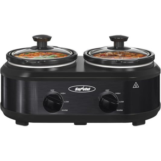 Superjoe Double Slow Cooker,2 Pot Small Mini Crock Buffet Servers and Warmer,Dual Pot Oval Manual Slow Cooker with Adjustable Temp Removable Ceramic Pot,Stainless Steel, Total 2.5 Quarts Black