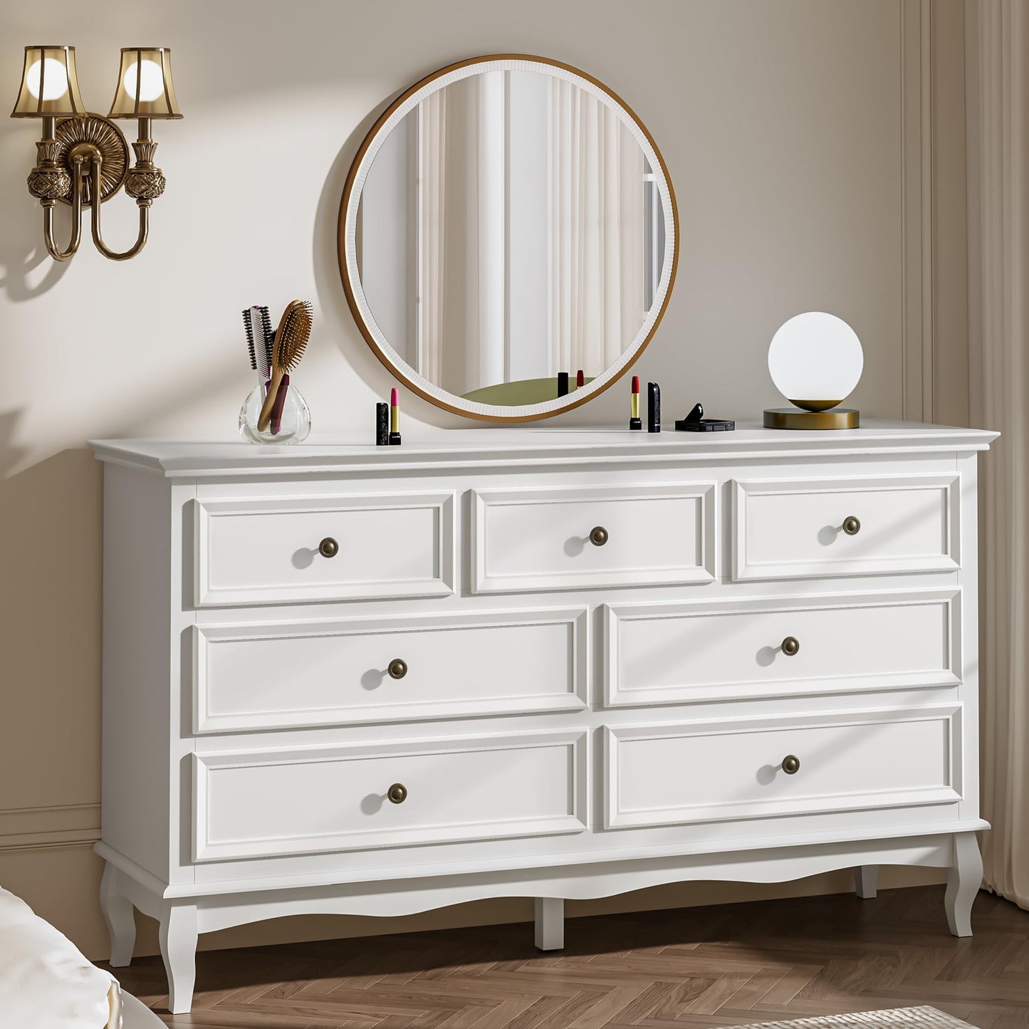 Superjoe Dresser for Bedroom, 7 Drawers Dresser with Distinctive Wooden Legs & White Paint Finish, Black Drawer Dresser with Spacious Storage Space for Bedroom, Living Room, Hallway