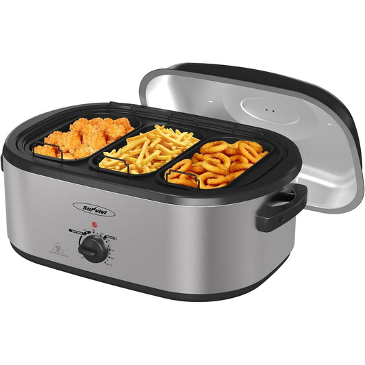 Superjoe Electric Roaster Oven, 20 QT Roaster with 3 Compartments and Self-Basting Lid, Turkey Roaster Oven with 150-450°F Full-Range Temperature Control, Removable Pan Rack, Stainless Steel, Silver