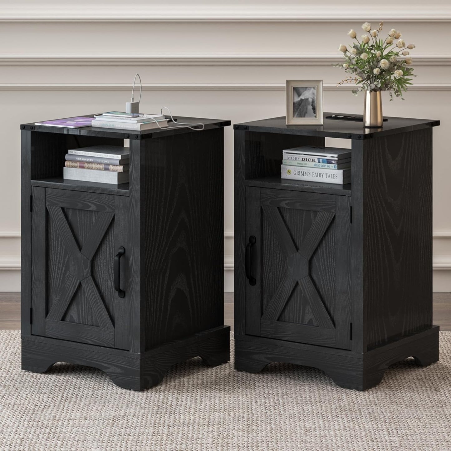 Superjoe Farmhouse Nightstand Set of 2 with Charging Station, Wooden End Table, Rustic Night Stand with Storage Cabinet and Shelf, Tall Bedside Table for Bedroom, Living Room, Black