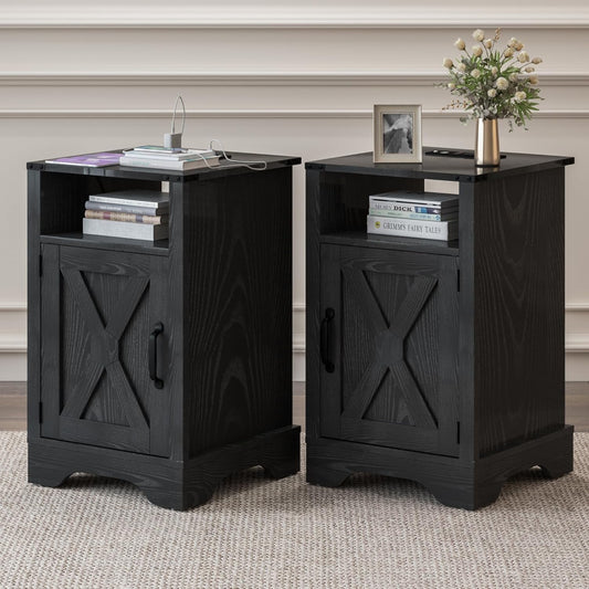 Superjoe Farmhouse Nightstand Set of 2 with Charging Station, Wooden End Table, Rustic Night Stand with Storage Cabinet and Shelf, Tall Bedside Table for Bedroom, Living Room, Black