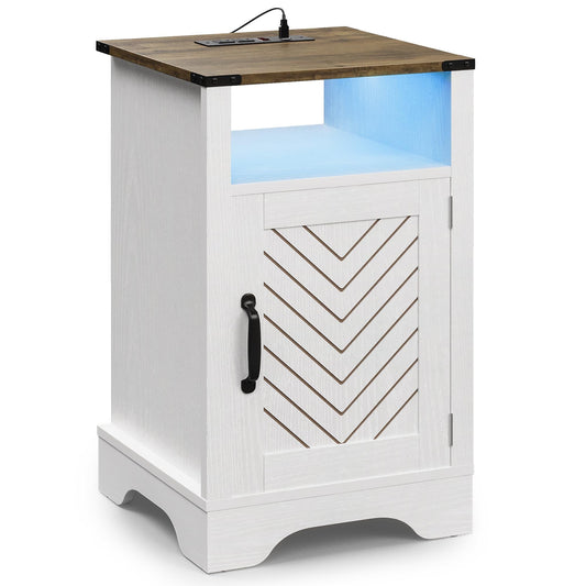 Superjoe LED Nightstand with Charging Station, Bedside Table with Storage Cabinet and Shelf, Rustic End Table, Farmhouse Wooden Side Table, for Bedroom, Living Room, White and Rustic Oak