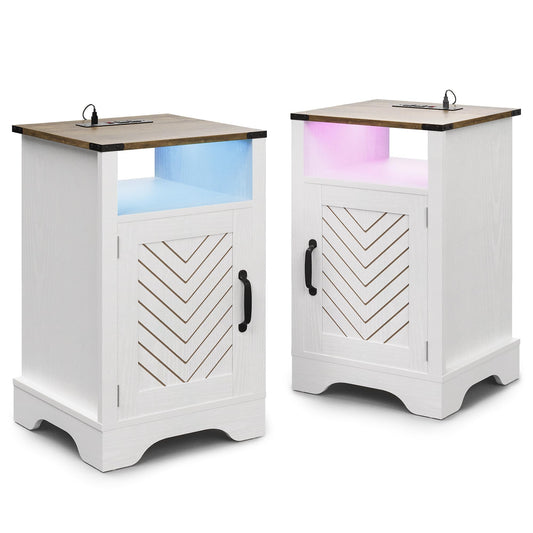 Superjoe LED Nightstand Set of 2 with Charging Station, Bedside Table with Storage Cabinet and Shelf, Rustic End Table, Farmhouse Wooden Side Table, for Bedroom, Living Room, White and Rustic Oak