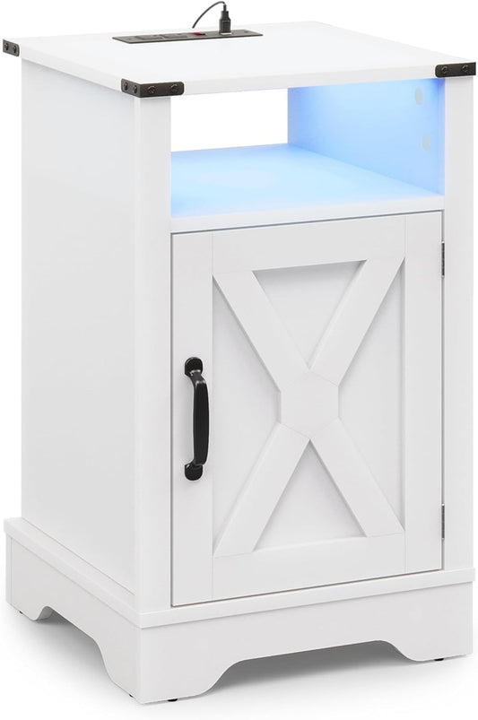 Superjoe LED Nightstand Set of 1 with Charging Station, Bedside Table with Storage Cabinet and Shelf, Rustic End Table, Farmhouse Wooden Side Table, for Bedroom, Living Room, White