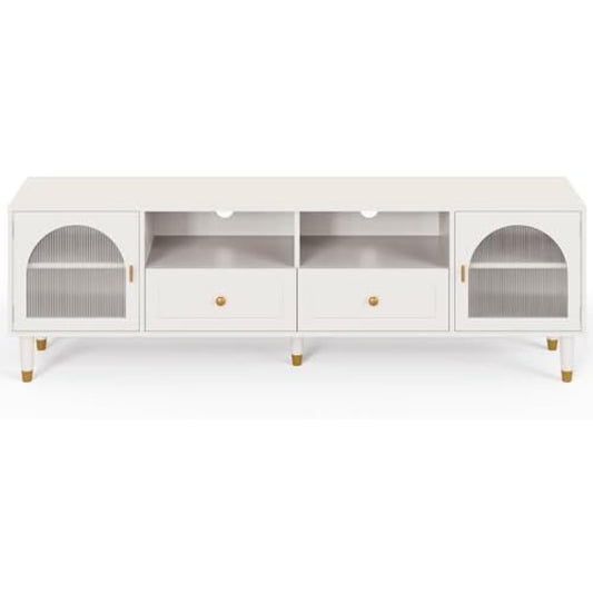 Superjoe Mid Century Modern TV Stand for 70 Inch TV, Entertainment Center with Acrylic Doors & Drawers, Wood TV Cabinet with Storage, TV Consoles for Living Room, Bedroom, White