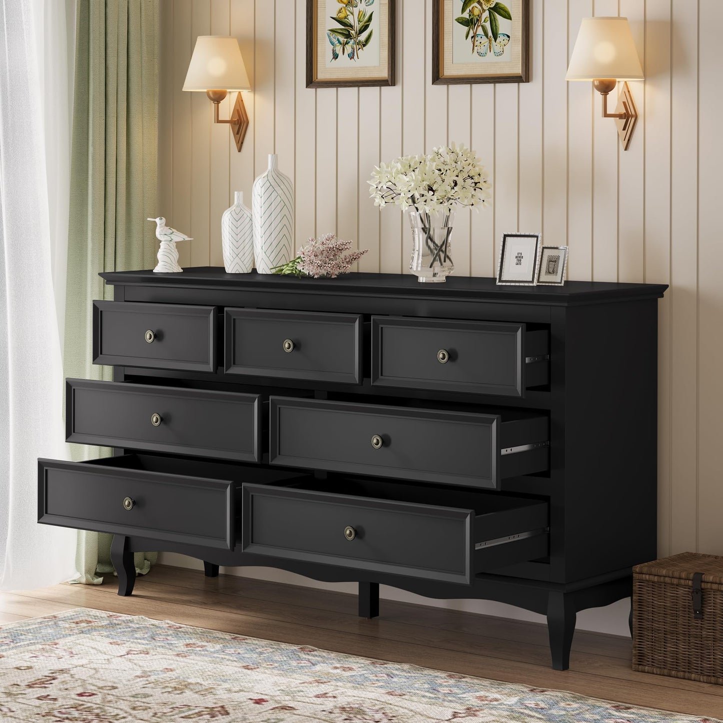 Superjoe Modern 7 Drawer Dresser with Solid Wood Legs and Painted Finish, Dresser for Bedroom, Black Chest of Drawers, Wooden Storage Closet Cabinet Organizer for Nursery, Living Room, Hallway