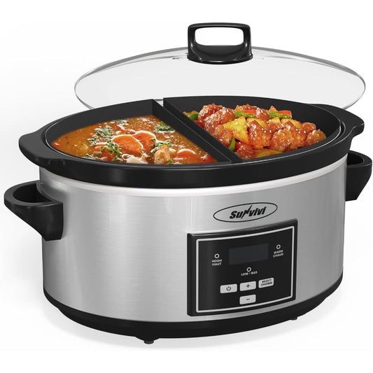 Superjoe Programmable Slow Cooker 6 Quart with 2 in 1 Silicone Liners, Multi-Cooker Food Warmer with Digital Timer, 3 Cooking Settings, Dishwasher-Safe Removable Ceramic Pot & Lid, Silver.