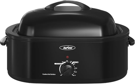 Superjoe 18QT Roaster Oven, Electric Roaster Oven with Viewing Lid, Turkey Roaster with Unique Defrost/Warm Function, Large Roaster with Removable Pan & Rack, Stainless Steel, Black