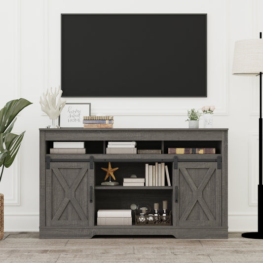 Superjoe TV Stand for 70" TVs, Modern Media Console Storage Cabinet w/Sliding Barn Doors, Wooden Entertainment Center for Living Room Bedroom, Dark Gray