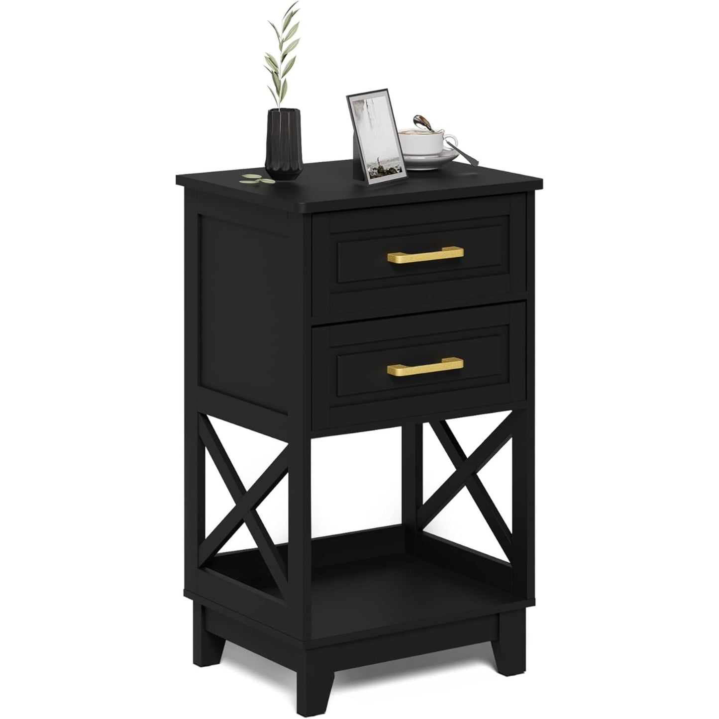 Superjoe Tall Nightstand Set of 1, Side Table with 2 Drawers and Open Shelf Below, Bedside Table with Solid Feet, Modern Night Stand End Table for Bedroom, Living Room, Home Office, Black