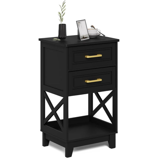 Superjoe Tall Nightstand Set of 1, Side Table with 2 Drawers and Open Shelf Below, Bedside Table with Solid Feet, Modern Night Stand End Table for Bedroom, Living Room, Home Office, Black