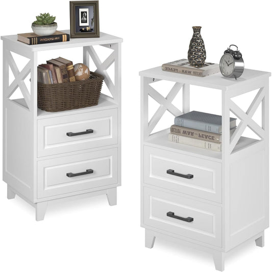 Superjoe Tall Nightstand Set of 2, Side Table with 2 Drawers and Open Shelf Top, Bedside Table with Solid Feet, Modern Night Stand End Table for Bedroom, Living Room, Home Office, White