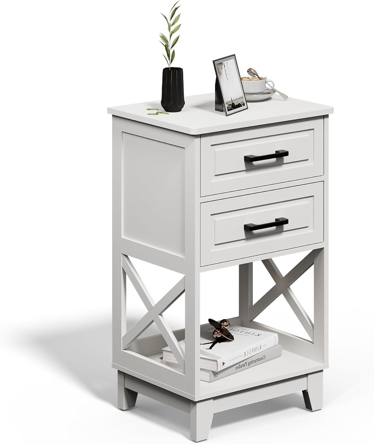 Superjoe Tall Nightstand Set of 1, Side Table with 2 Drawers and Open Shelf Below, Bedside Table with Solid Feet, Modern Night Stand End Table for Bedroom, Living Room, Home Office, White