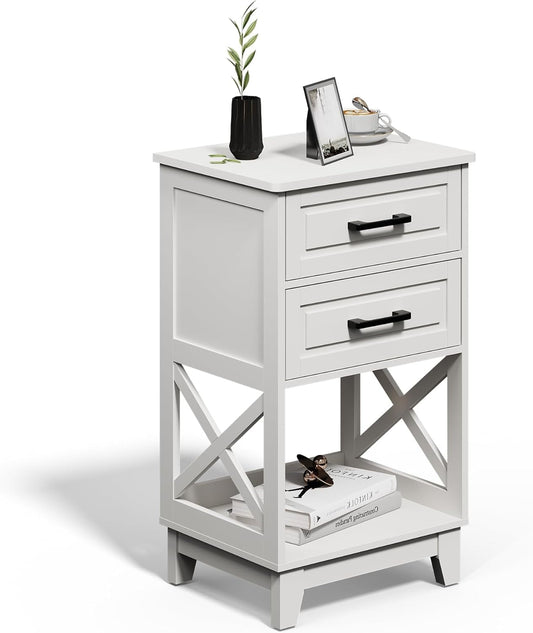 Superjoe Tall Nightstand Set of 1, Side Table with 2 Drawers and Open Shelf Below, Bedside Table with Solid Feet, Modern Night Stand End Table for Bedroom, Living Room, Home Office, White