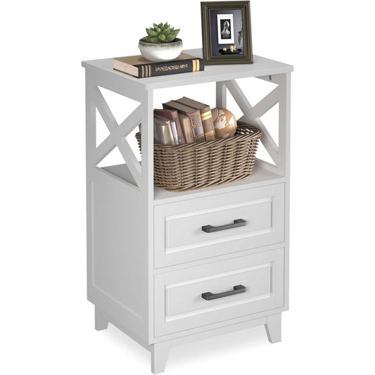 Superjoe Tall Nightstand Set of 1, Side Table with 2 Drawers and Open Shelf Top, Bedside Table with Solid Feet, Modern Night Stand End Table for Bedroom, Living Room, Home Office, White