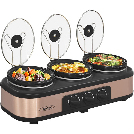 Superjoe Triple Slow Cooker Buffet Servers and Warmer,3 Pot Food Small Mini Manual Slow Cooker with Adjustable Temp Stainless Steel Lid Rests,Removable Ceramic Pot,4.5 QT，Copper
