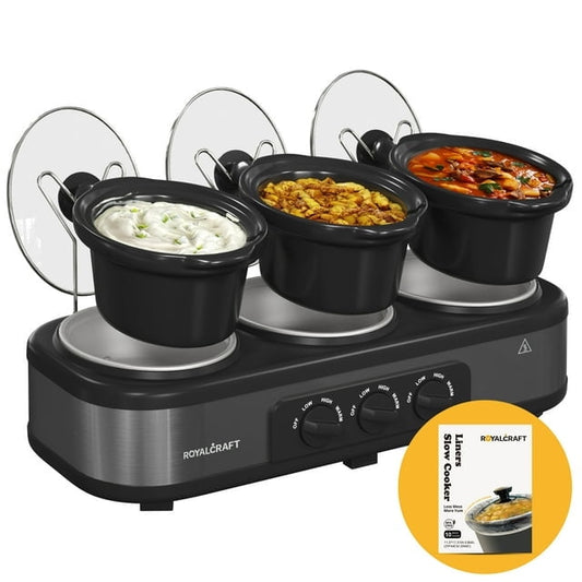 Triple Slow Cooker with 3 Spoons, 3 Pot 1.5 Quart Oval Crock Food Warmer Buffet Server, Stainless Steel