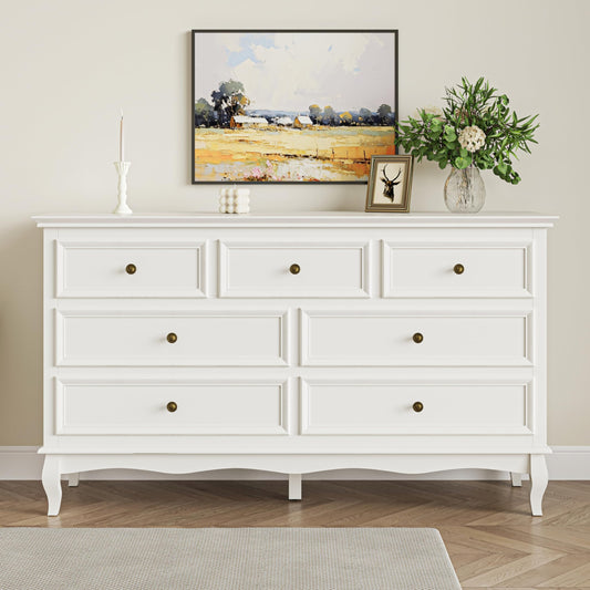 White 7 Drawer Dresser with Ball Bearing Slide, Sturdy Frame Modern Wood Dresser Wide Nightstand Cabinet for Bedroom, Living Room, Hallway, Entryway