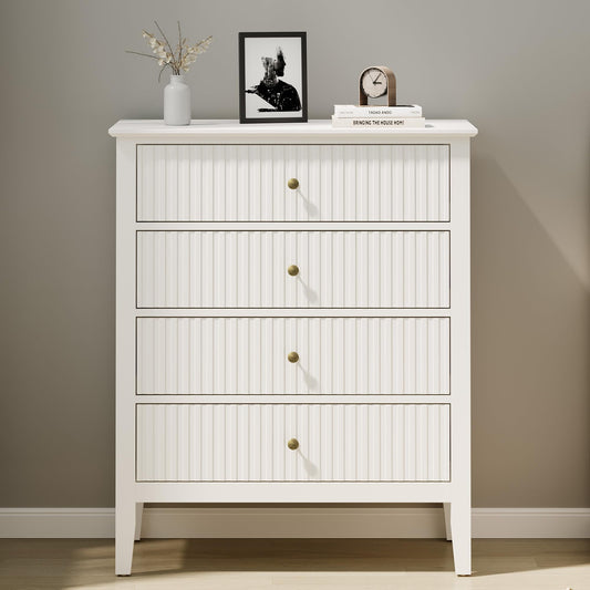 CozyHome White Fluted 4 Drawer Dresser for Bedroom, Modern Chest of Drawers, Wood Dresser for Storage Clothes, Wooden Storage Cabinet Nightstand for Bedroom, Hallway, Living Room, Entryway