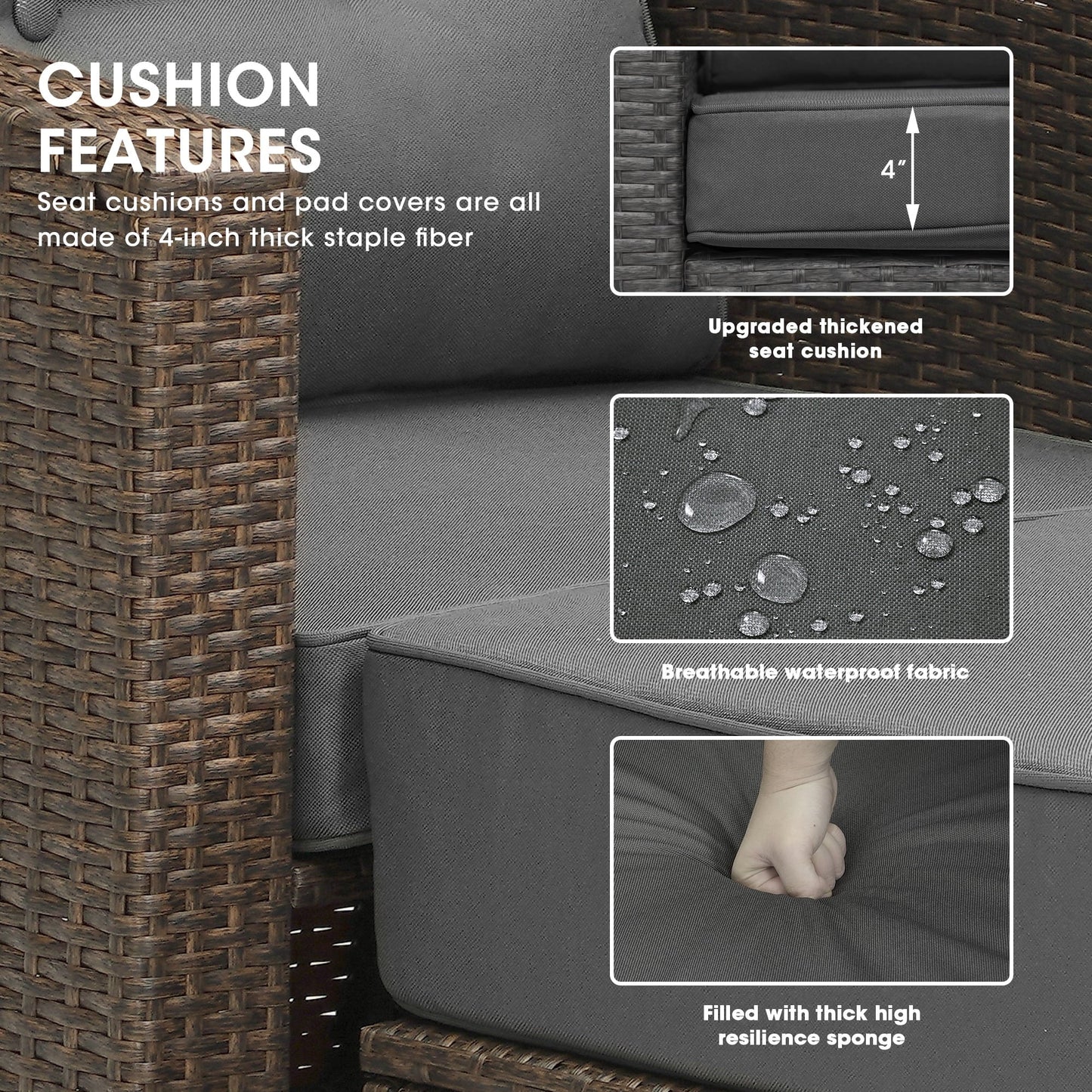 sunvivicollection 4 Pieces Wicker Furniture Single Chair with Ottoman,All-Weather Brown Rattan Outdoor ArmChair Sofa Set with Dark Grey Non-slip Cushions,Aluminum Frame