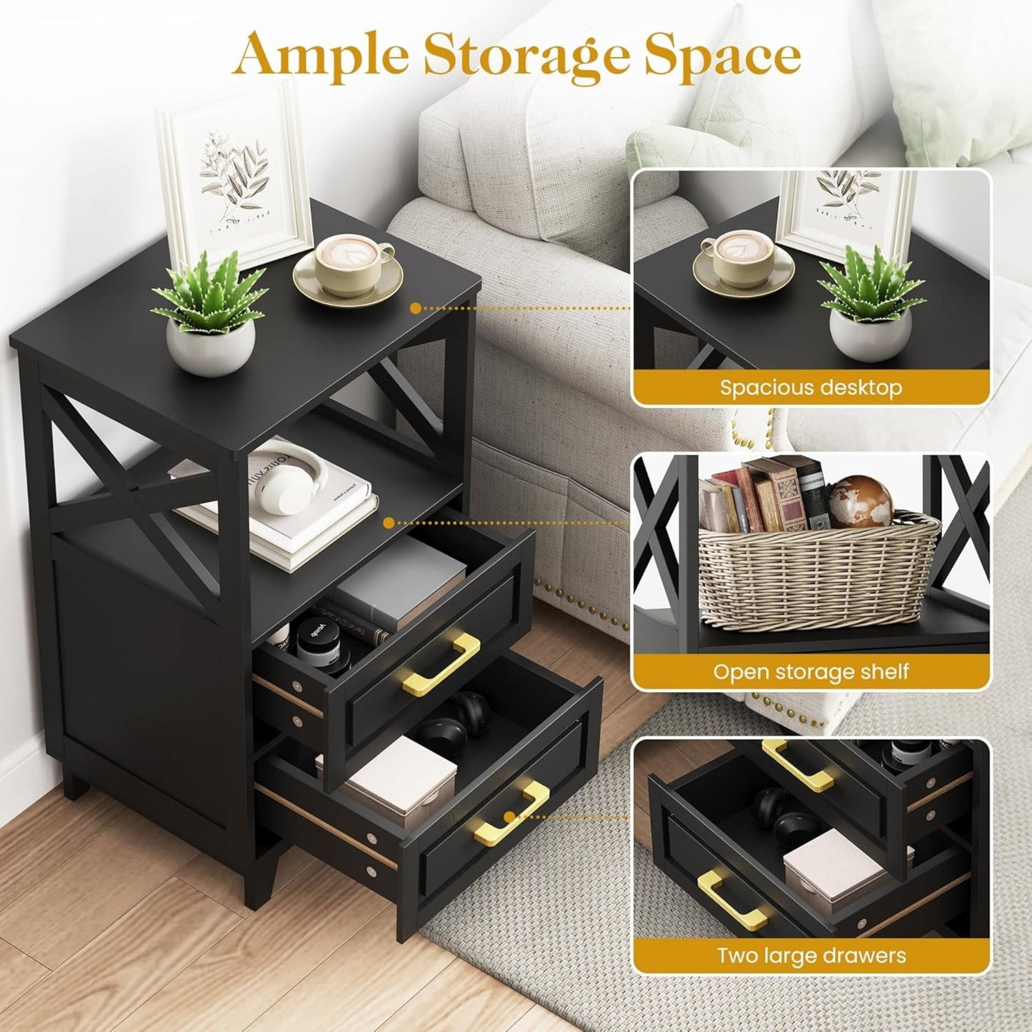 Superjoe Tall Nightstand Set of 1, Side Table with 2 Drawers and Open Shelf Top, Bedside Table with Solid Feet, Modern Night Stand End Table for Bedroom, Living Room, Home Office, Black