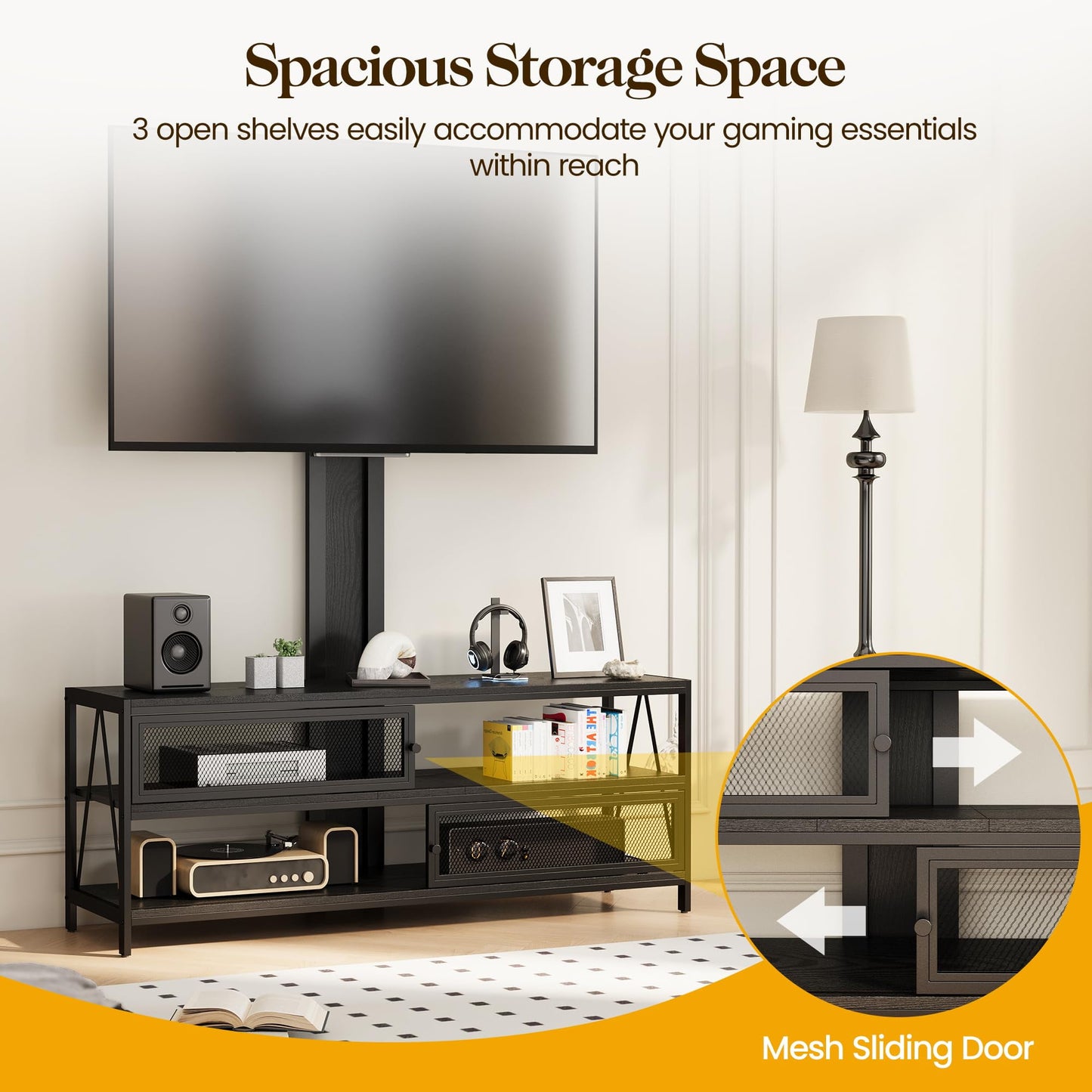 Superjoe TV Stand with Mount and LED Light, Swivel Entertainment Center for TVs 32-65 Inches, 3-Tier Gaming Media Console Tablefor Living Room, Bedroom, Office, Black