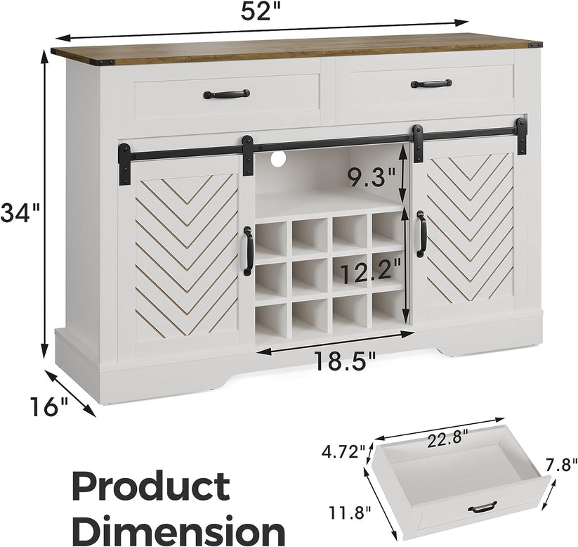 Royalcraft Farmhouse Coffee Bar Cabinet, 52" Wine Cabinet with Sliding Barn Door, Adjustable Shelves, and Steam Holder, Buffet Sideboard Cabinet for Dining Room, Living Room