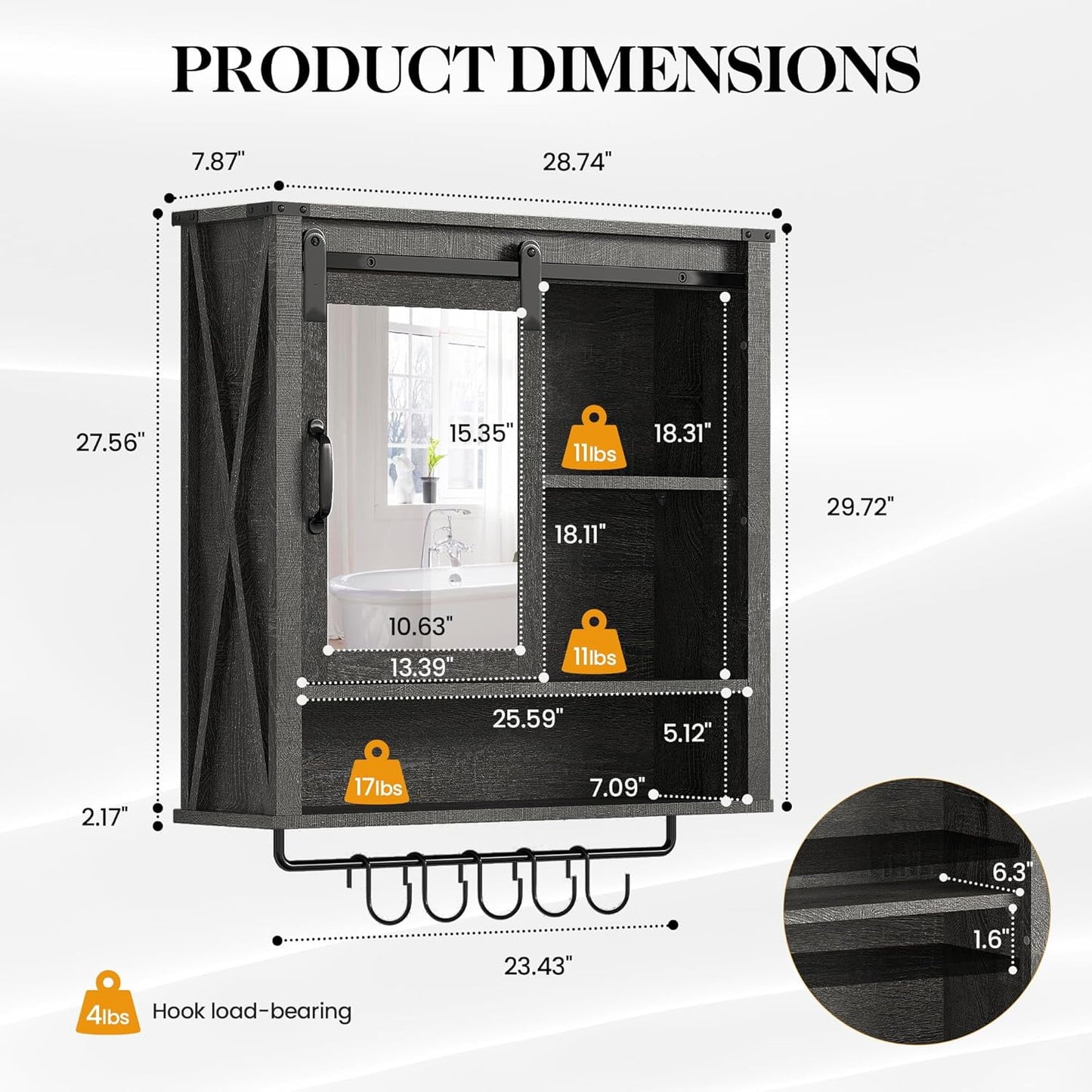 Superjoe 28in Bathroom Cabinet Wall Mount with Sliding Mirror Door, Over The Toilet Storage Cabinet, Farmhouse Medicine Cabinet with Shelves and Towel Bar for Living Room, 28" W x 29" H, Grey