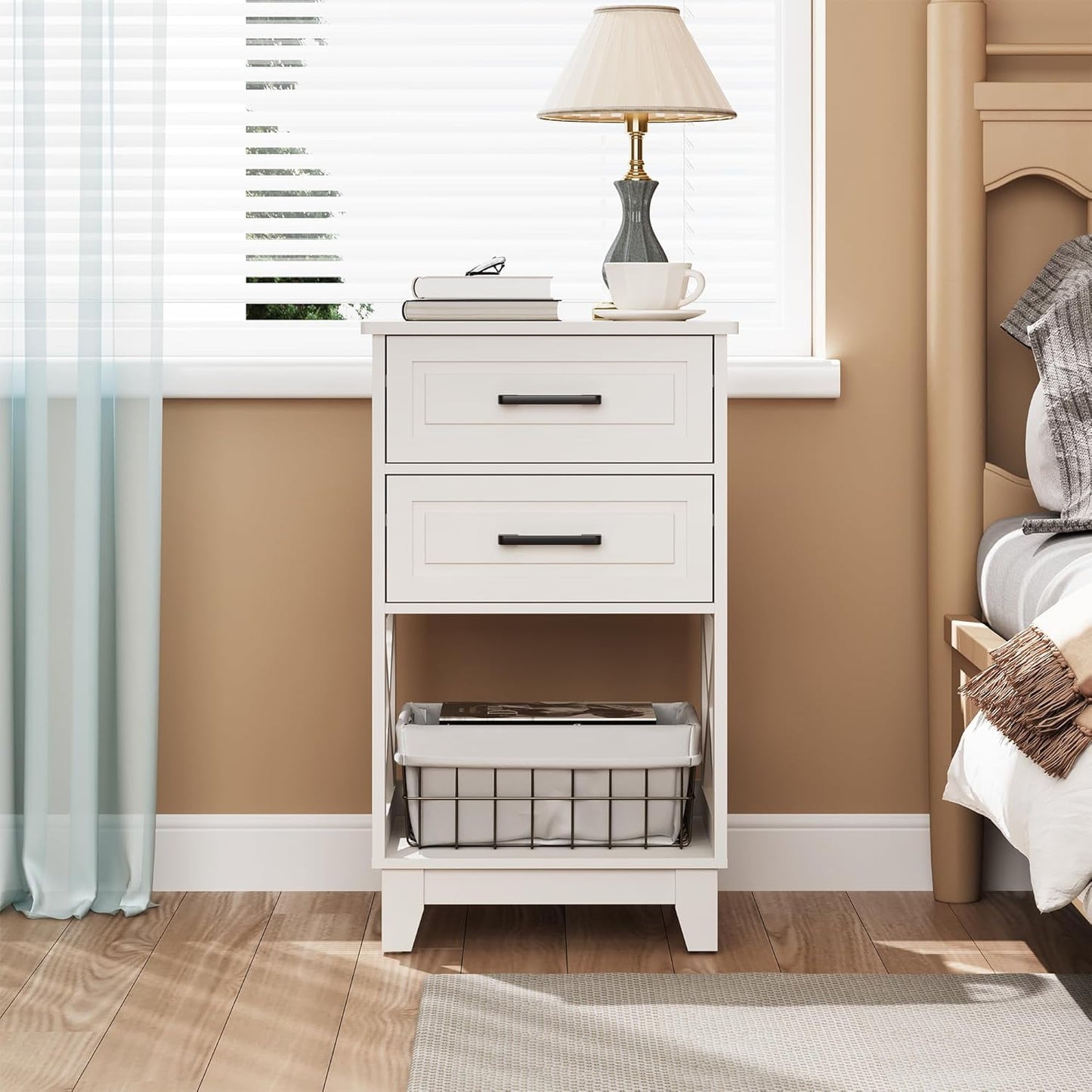 Superjoe Tall Nightstand Set of 1, Side Table with 2 Drawers and Open Shelf Below, Bedside Table with Solid Feet, Modern Night Stand End Table for Bedroom, Living Room, Home Office, White