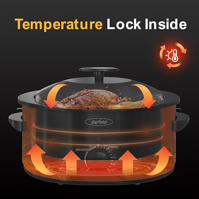 Superjoe 8-Quart Roaster Oven with Self-Basting Lid, Electric Turkey Roaster Oven with Removable Pan and Rack, Stainless Steel, Black